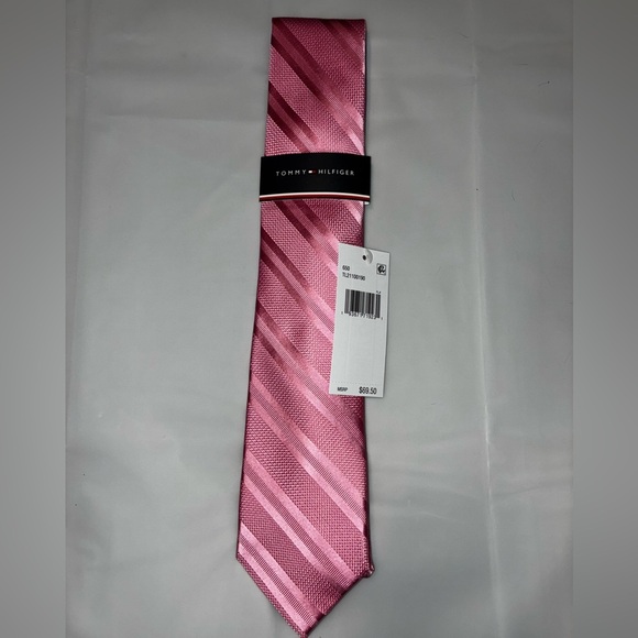 Tommy Hilfiger NEW Silk Blend Tie 
Pink Stripe Plaid Neck Tie 3” Slim MSRP $70 - Picture 1 of 5